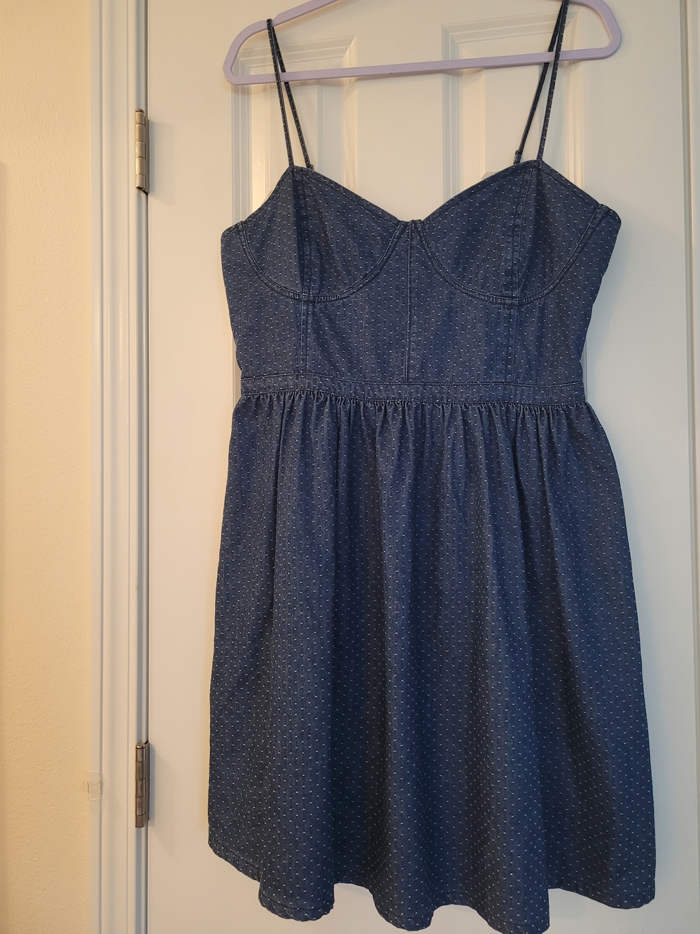 Free People 100% Cotton Denim Polka Dot Sundress with Spaghetti Straps